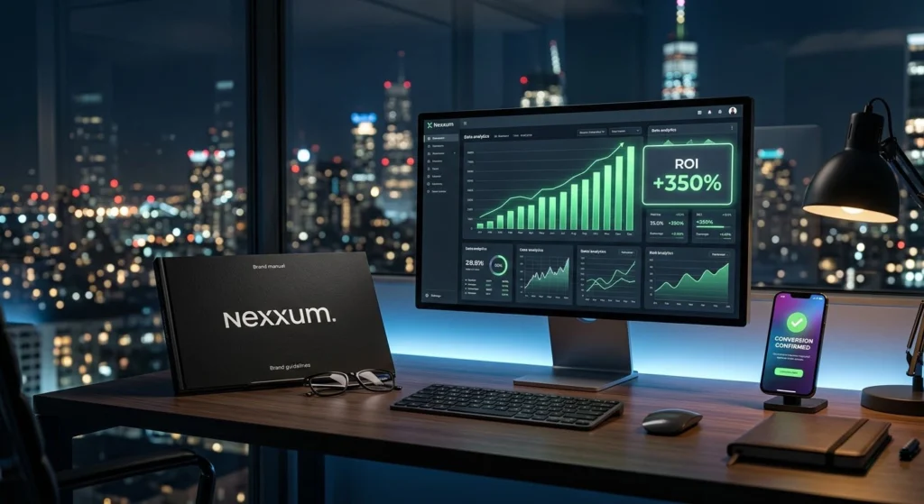 Mesa de escritório moderna à noite, visualizando os serviços de marketing da Nexxum. Monitor exibe '+350% ROI' e dashboards de dados, com um manual de marca físico da Nexxum e um smartphone com confirmação de conversão.